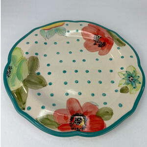 Pioneer Woman VINTAGE BLOOM Turquoise Floral Dinner Plate 10.5 Inch Polka Dot